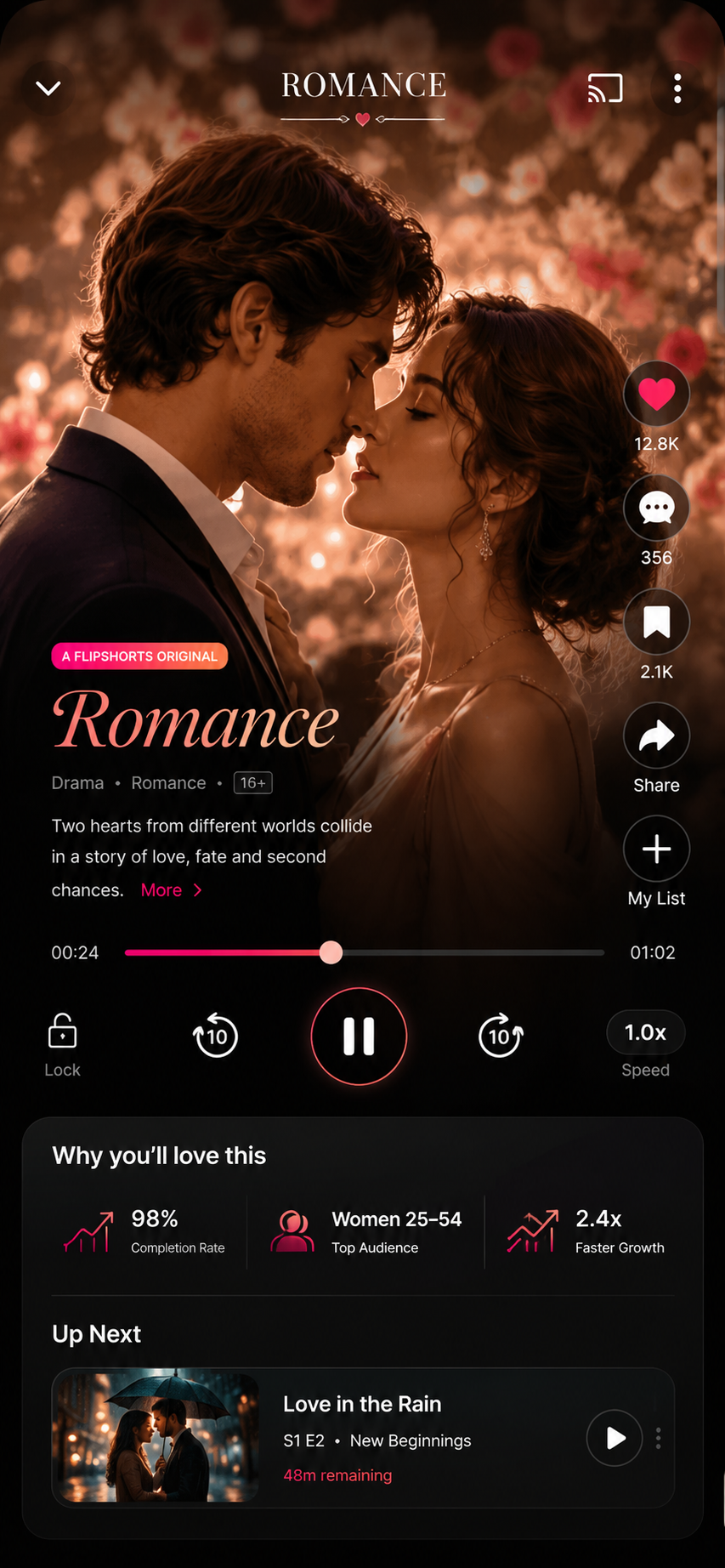 PineDrama vertical drama app episode player with like, comment, save and share actions and playback controls