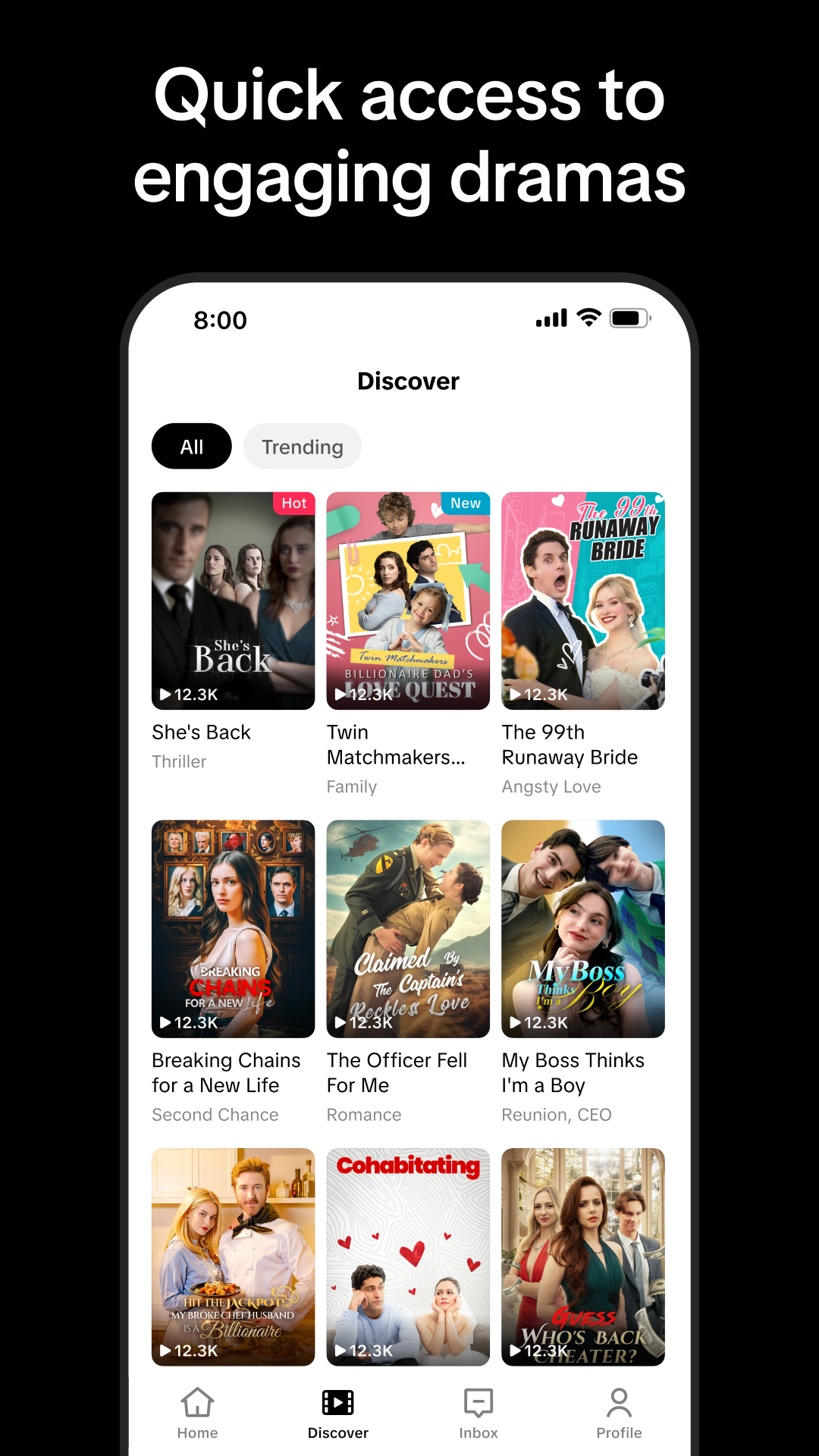 PineDrama vertical drama app Discover screen showing a grid of trending short dramas — quick access to engaging dramas