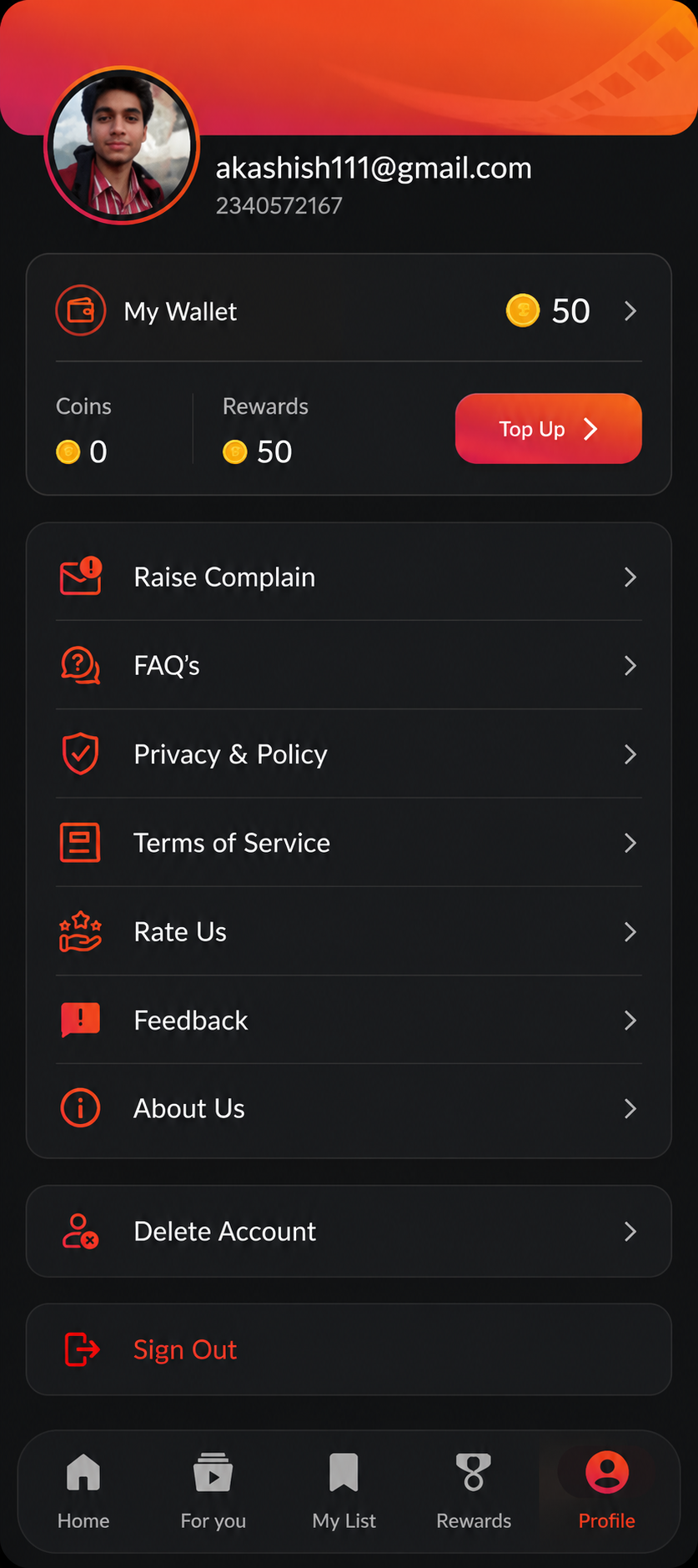 PineDrama vertical drama app profile screen with coin wallet, rewards balance and account menu