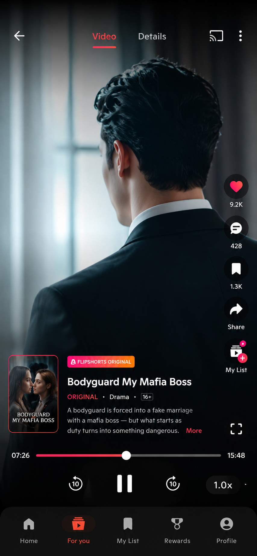 PineDrama vertical drama app video player showing series details, age rating and playback controls