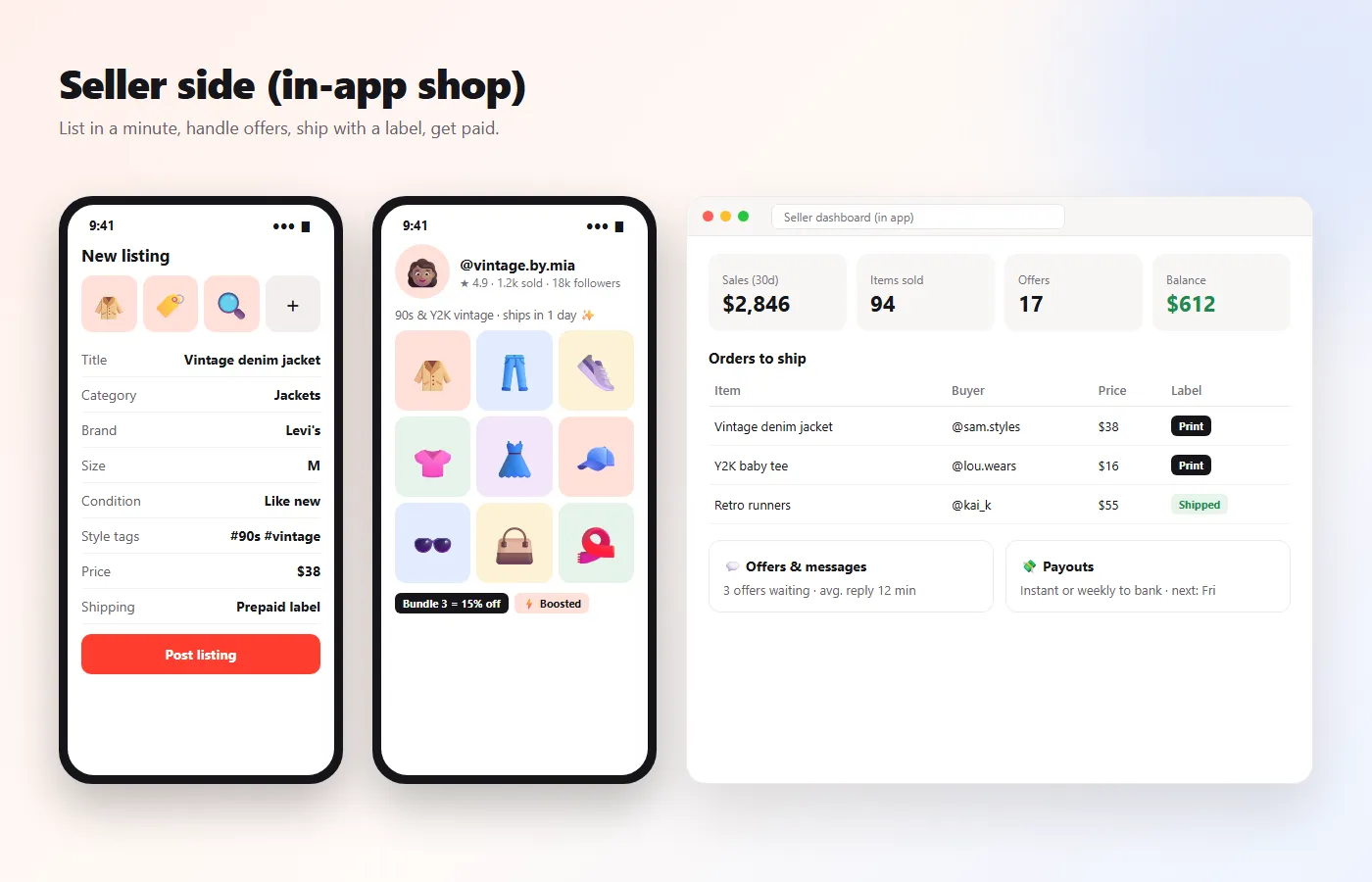 Depop clone seller side — list clothes in 60 seconds, seller shop profile, offers, prepaid shipping labels and payouts