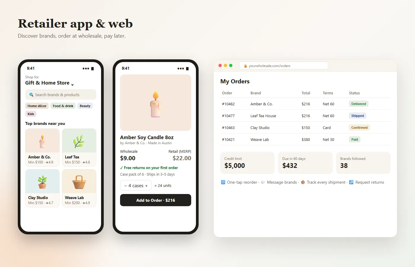 Faire clone retailer app — brand discovery, wholesale product page with MSRP, case packs and Net 60 order history