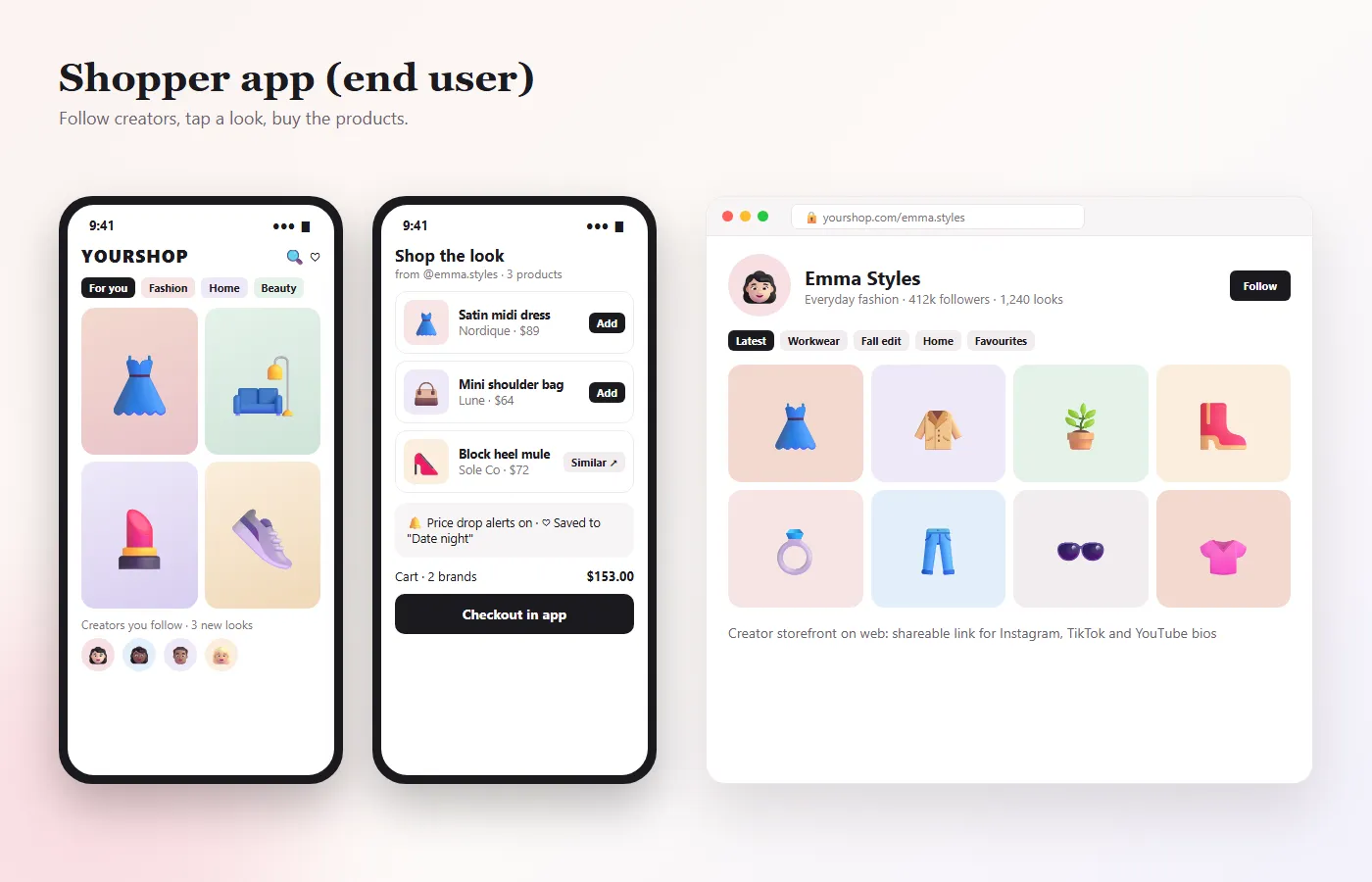 LTK clone shopper app — creator feed, shop-the-look product list, in-app checkout and creator storefront