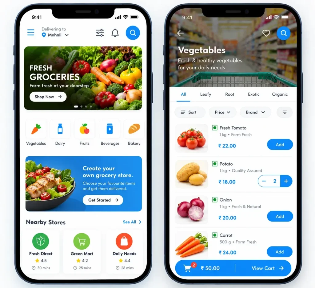 OneCart clone app screens — multi-store grocery delivery app home with nearby stores and vegetables category with cart